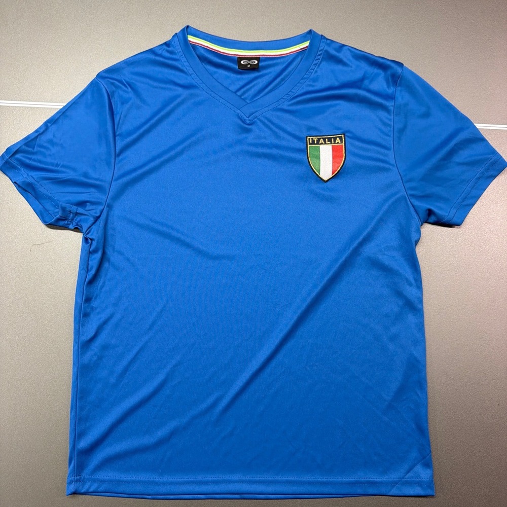 Infinity Italia Soccer Jersey Mens Medium Blue V-Neck Short Sleeve‎ Italy Crest